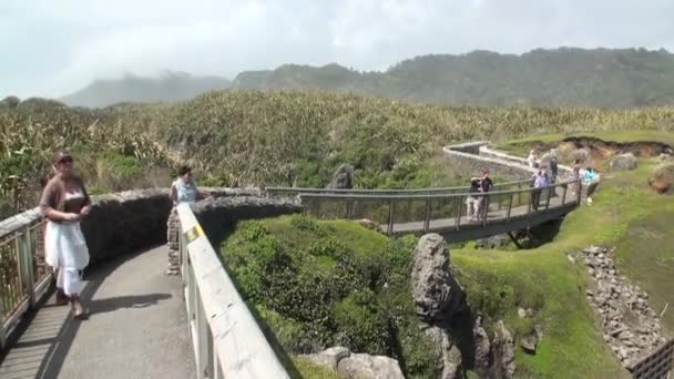 İnsanlar turist arka planda Yeni Zelanda yeşil dağların Panoraması. — Stok video