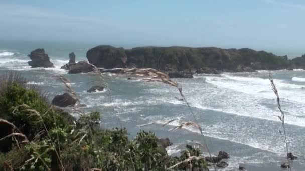 Seascape fal na tle horyzontu, chmury na niebie i skały, Nowa Zelandia. — Wideo stockowe