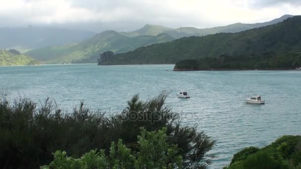 Seascape na tle horyzont, w niebo chmury i góry w Nowej Zelandii. — Wideo stockowe