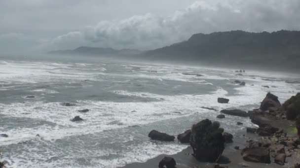 水平線の背景に海空に雲し、ニュージーランドの岩. — ストック動画