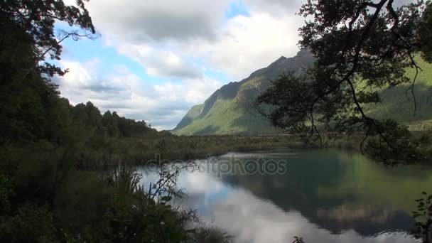 Lago único en las montañas verdes aguas tranquilas de Nueva Zelanda . — Vídeos de Stock