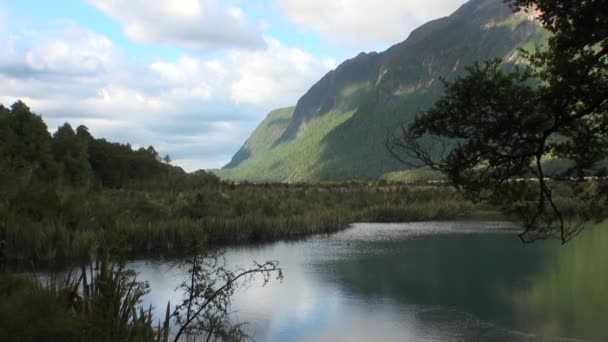 A zöld-hegység egyedülálló tó nyugodt víz, Új-Zéland. — Stock videók