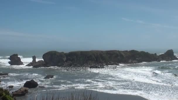 Onde su una costa rocciosa e montagne Nuova Zelanda . — Video Stock