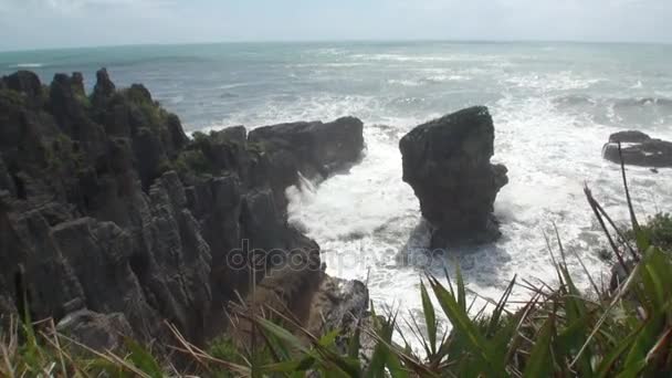Κύματα σε μια βραχώδη ακτή και τα βουνά Νέα Ζηλανδία. — Αρχείο Βίντεο