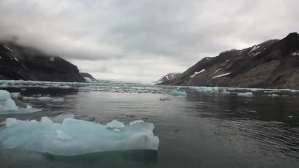 Bewegte Eisschollen auf dem Hintergrund des Berges auf dem Wasser des arktischen Ozeans in Spitzbergen. — Stockvideo