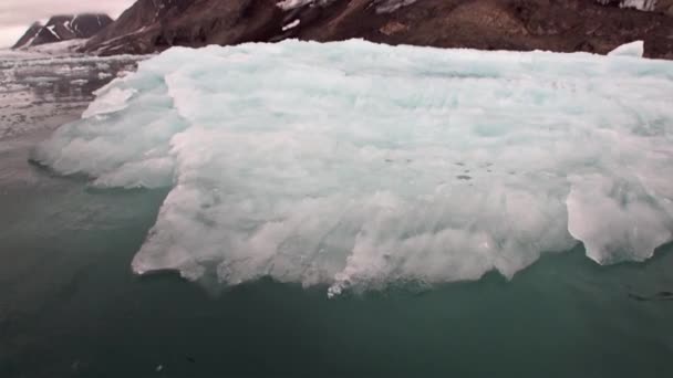 Pohybující se na ledové kry na pozadí hory na vody Severního ledového oceánu v Svalbard. — Stock video