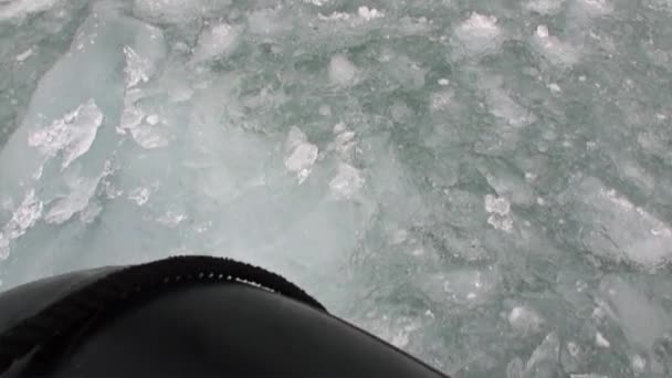 Båten seglar på bakgrund flyttar isflaken av norra ishavet i Svalbard. — Stockvideo