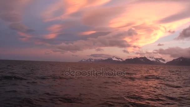 夕日とフォークランド諸島南極大陸の海岸線の雪山. — ストック動画