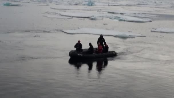 Gummi jolle med dykare på bakgrunden av isberg, is, i norra ishavet. — Stockvideo