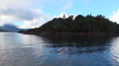 Yeşil dağ nehir tekne Patagonya Arjantin görünümünden kıyısında.