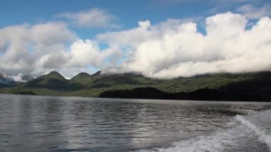 Yeşil dağ nehir tekne Patagonya Arjantin görünümünden kıyısında.