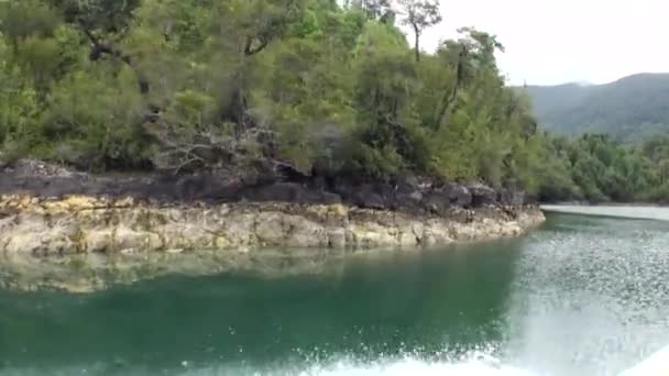 Kust van groene berg uitzicht op de rivier vanaf de boot in Patagonië Argentinië. — Stockvideo
