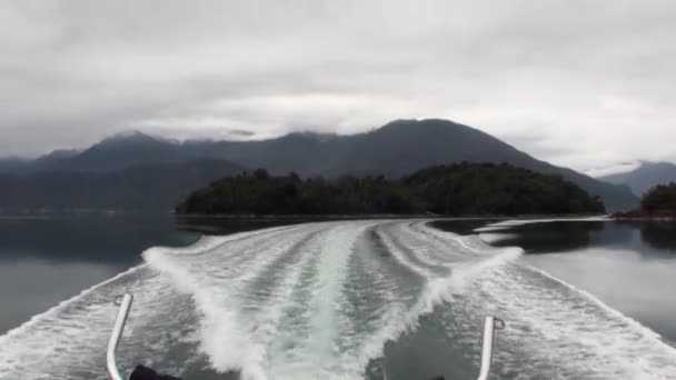 Kusten av grönt berg flodutsikt från båt i Patagonien Argentina. — Stockvideo