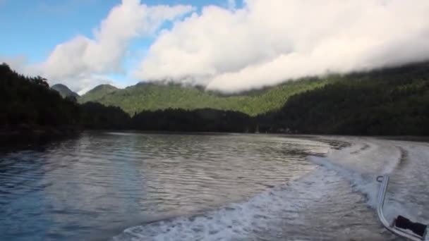 Pobřeží zelené horské řeky pohled z lodi v Patagonia Argentina. — Stock video