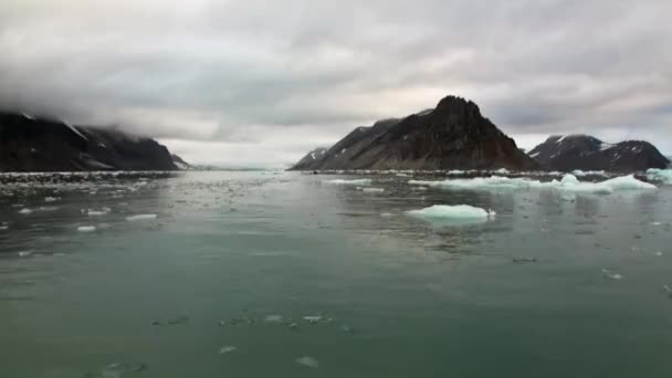 Los témpanos móviles sobre el fondo de la montaña sobre el agua del Océano Ártico en Svalbard . — Vídeo de stock