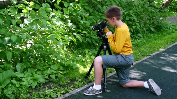 Ung pojke med videokamera skjuter film karaktär av gröna parken slowmotion. — Stockvideo