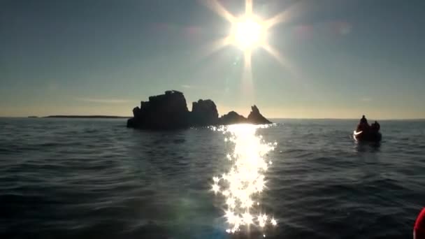 Φωτεινές ακτίνες του ήλιου στον ουρανό σε φόντο του νερού του Αρκτικού Ωκεανού στη νέα γη — Αρχείο Βίντεο
