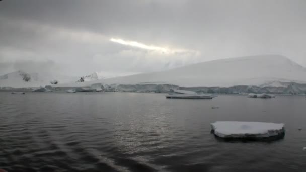 Ijs van beweging en sneeuw kustlijn in de oceaan van Antarctica. — Stockvideo