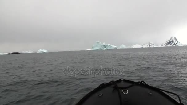 Rubberboot vaart in Oceaan op achtergrond van besneeuwde bergen van Antarctica. — Stockvideo