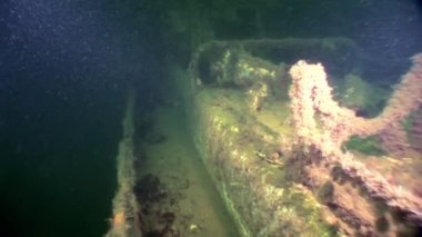 Plaj okyanus beyaz deniz Rusya üzerinde batık paslı enkaz.