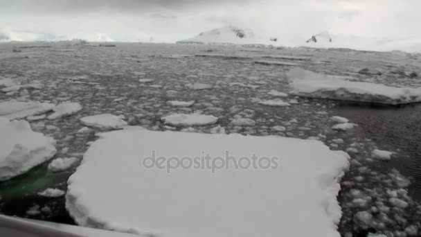 Eisbewegung und Schnee Küstenblick vom Schiff im Ozean der Antarktis. — Stockvideo