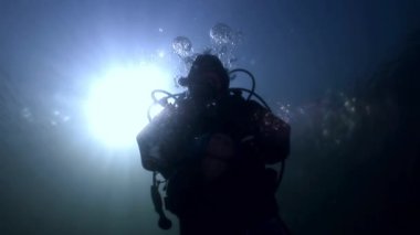 Scuba diver siluet feneri arka plan yansıması güneş ışığı su altında.