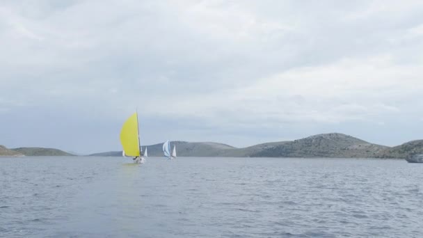 Weiße Yachten gelbe Segel und Regattaboote. — Stockvideo