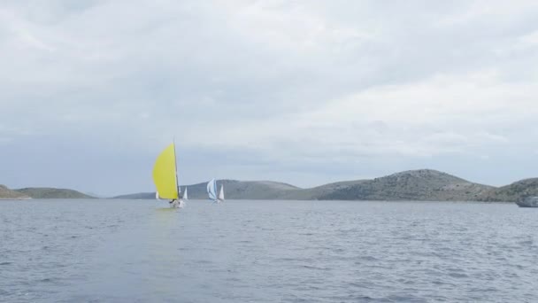 Κίτρινο λευκό σκάφη πανιά και σκάφη της regatta. — Αρχείο Βίντεο