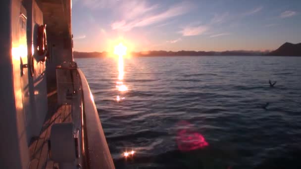 水の表面と北極海では、ヨットのデッキで夕日の反射. — ストック動画