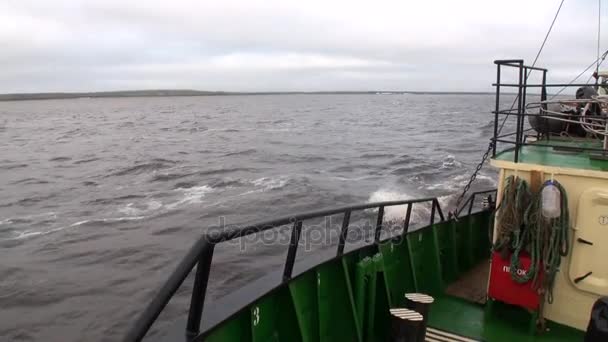 Uitzicht vanaf het schip naar de golven en het wateroppervlak in de Noordelijke IJszee op de nieuwe aarde Vaigach. — Stockvideo