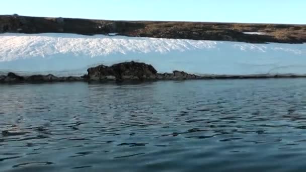 Sneeuw op de kust en water van de Noordelijke IJszee op de nieuwe aarde. — Stockvideo