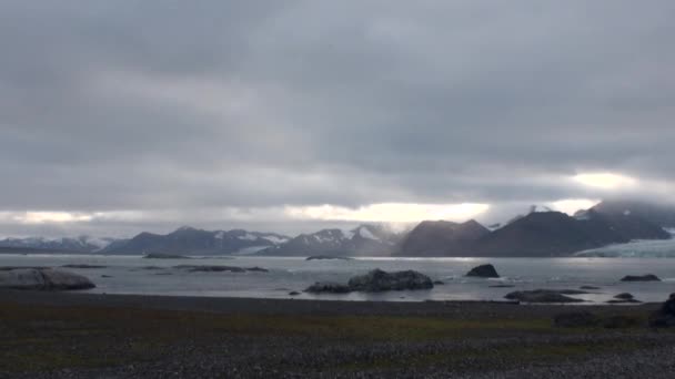 Desert kust en golven van de Noordelijke IJszee op achtergrond van bergen in Svalbard. — Stockvideo