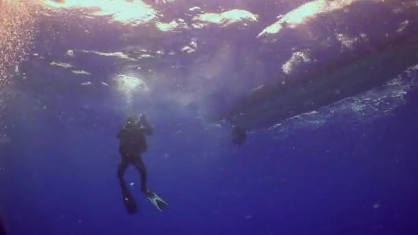 Scuba duiker silhouet boot op achtergrond van reflectie zonlicht onder water. — Stockvideo