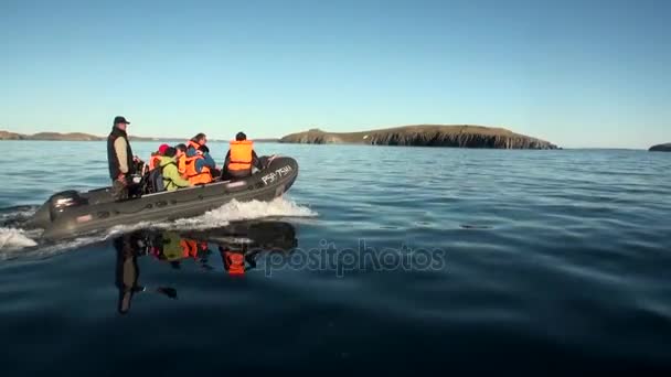 Människor i en gummibåt i havet på nya jorden Vaigach. — Stockvideo