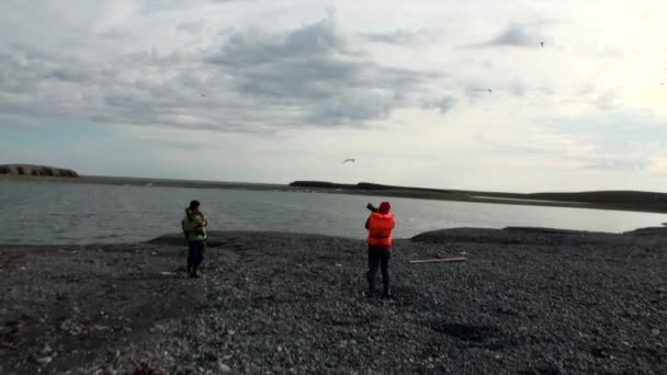 새로운 지구 Vaigach 섬에 북극해의 해안 및 물 표면에 사람들. — 비디오