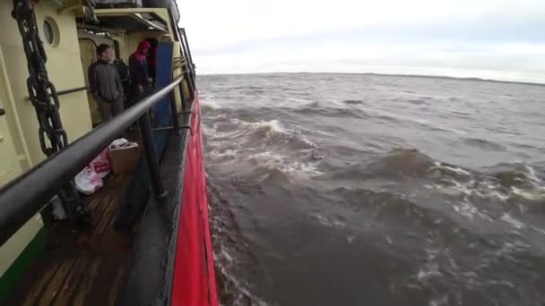 Golven en wateroppervlak uitzicht vanaf schip in de Noordelijke IJszee op de nieuwe aarde Vaigach. — Stockvideo