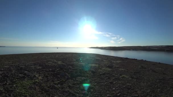 Coucher de soleil sur la côte et surface de l'océan Arctique sur la Nouvelle Terre Vaigach Island . — Video