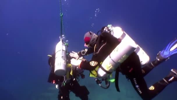 Buceadores nadando exploran naufragio Salem Express profundo bajo el agua . — Vídeo de stock