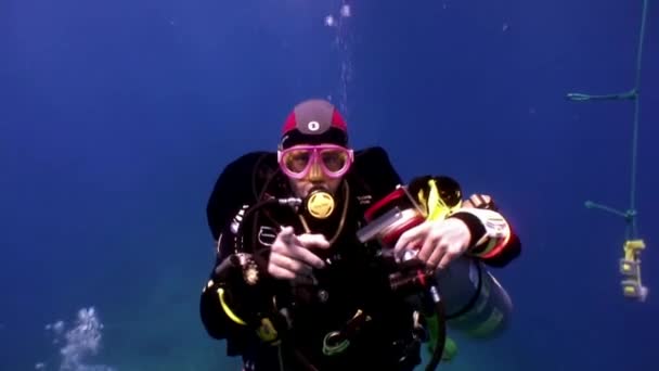 Scuba divers swimming explore shipwreck Salem Express deep underwater. — Stock Video