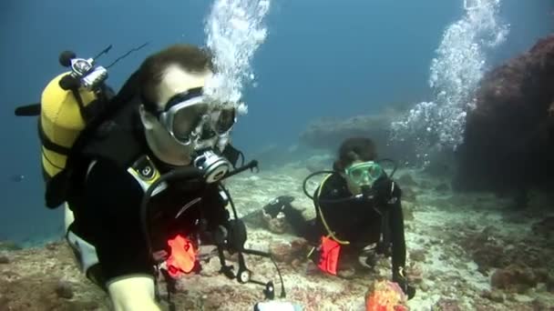 Scuba diver diep onderwater zwemmen. — Stockvideo