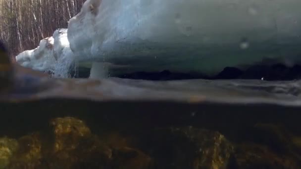 Dépose de l'eau sur la caméra vidéo dans la rivière de montagne Temnik en Sibérie de la Russie.