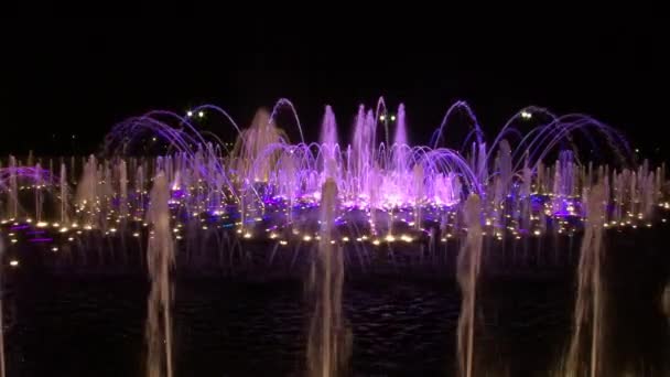 Dancing fountains of ultraviolet colors in Moscow at night. — Stock Video
