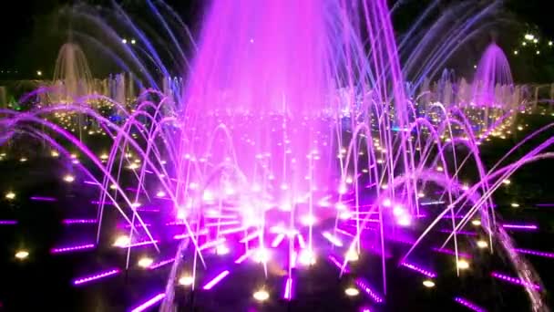 Bright colorful water in dancing fountains of ultraviolet colors at night. — Stock Video