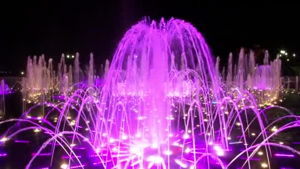 Agua colorida brillante en fuentes danzantes de colores ultravioleta en la noche . — Vídeos de Stock