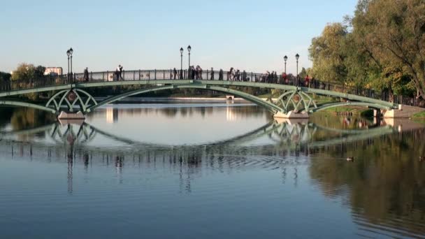 People go across bridge in park in summer Moscow. — Stock Video