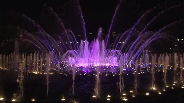 Slowmotion heldere kleurrijke dansende fonteinen in Moskou in de nacht. — Stockvideo