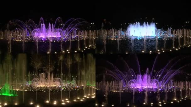 Collage dancing fountains in Moscow at night slow motion. — Stock Video