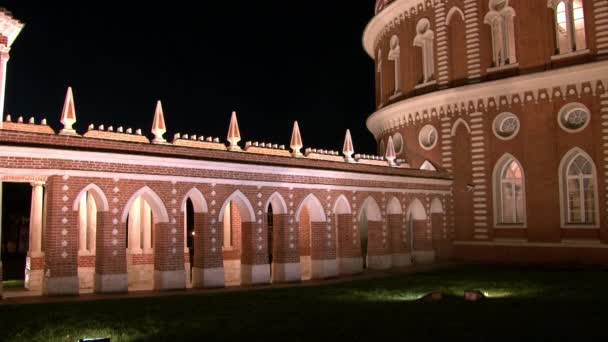 Torn och fästningar i rött tegel Tsaritsyno Museum i Moskva på natten. — Stockvideo