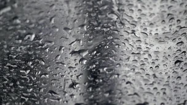 Gotas de lluvia sobre vidrio fondo blanco y negro cámara lenta . — Vídeo de stock