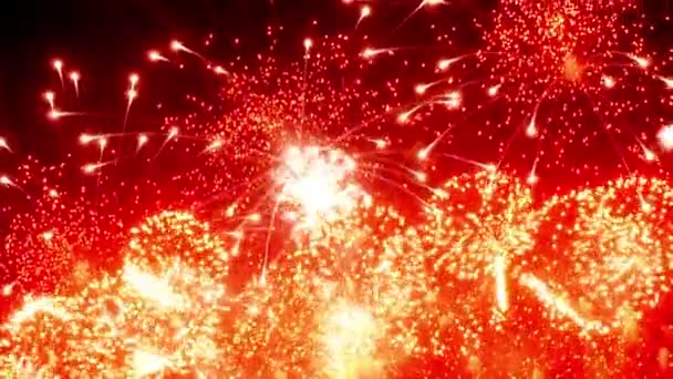 Firework display glaring colorful at night on black background. — Stock Video